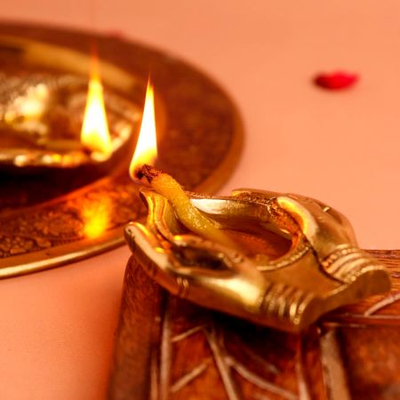 Indian-Shelf Handmade Vocalforlocal Pack of 6 Brass Lady Hand Design Golden Oil Lamp Deep Diya Deepam Deepak for Diwali Decor