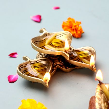 Modern Antique Golden Brass 3 Leaf Shaped Oil Lamp For Diwali Pooja