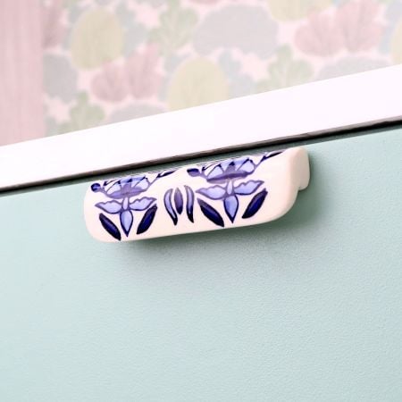 Ceramic Blue Leaf Floral Drawer Handle (Medium Size)