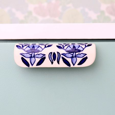 Ceramic Blue Leaf Floral Drawer Handle (Medium Size)