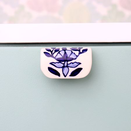 Modern Ceramic Blue Leaf Floral Drawer Handle (Small Size)