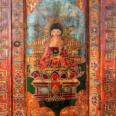 Handmade Wooden Box with Hand-Painted Buddha Motif | Vintage Storage Cabinet