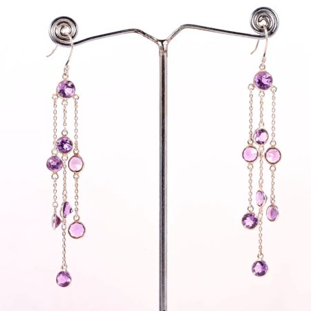 Handmade 925 Sterling Silver Chain Dangle Earrings with Amethyst for Women