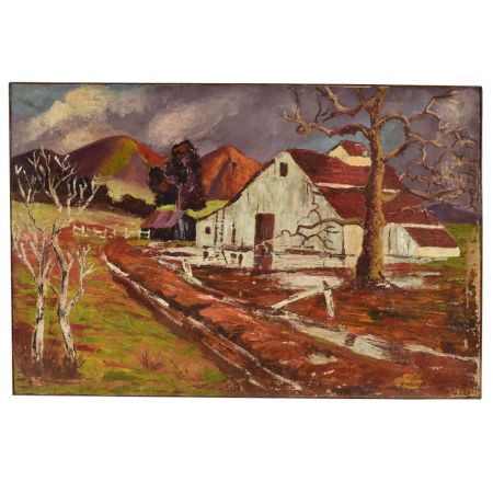 Vintage Countryside Barn Landscape Hardboard Painting