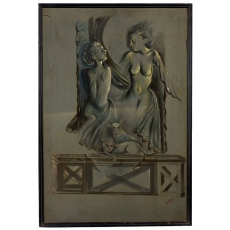 Hardboard Painting with Surreal Female Figures and Mystical Cats