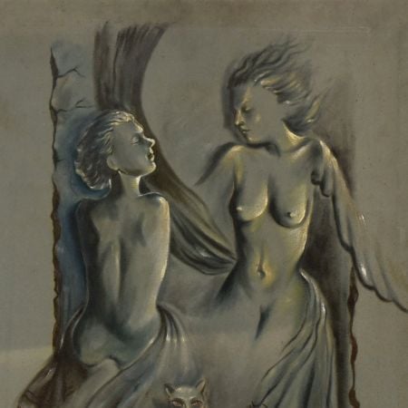 Hardboard Painting with Surreal Female Figures and Mystical Cats