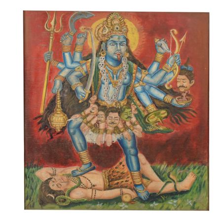 Traditional Cloth Painting of Goddess Kali in Wooden Frame