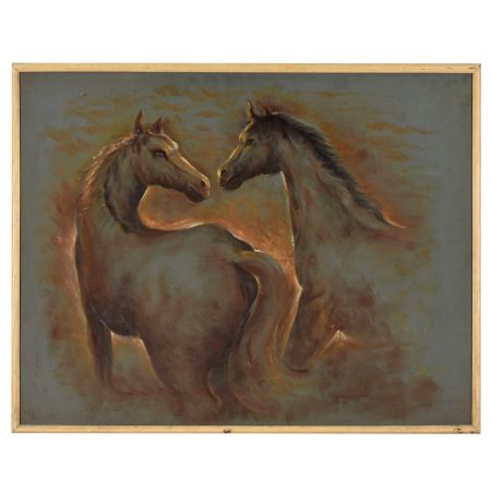 Hand Painted Cloth Artwork of Horses in Wooden Frame