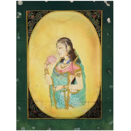 Watercolor Paper Painting of Indian Lady with Lotus