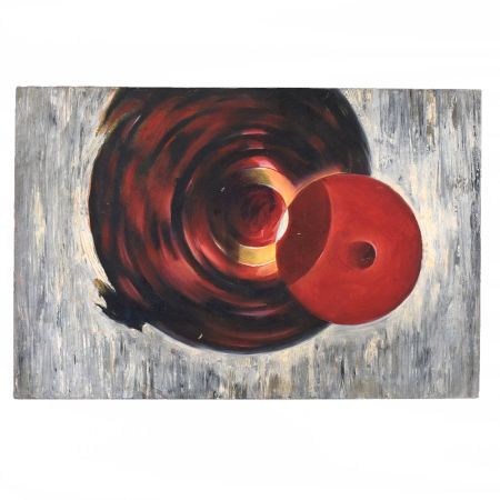 Abstract Cloth Painting on Hardboard with Red Circular Forms