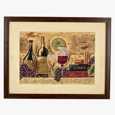 Vintage Cloth Painting on Hardboard of Wine Bottles and Grapes