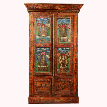 Traditional Himalayan Wooden Almirah with Buddha Artwork