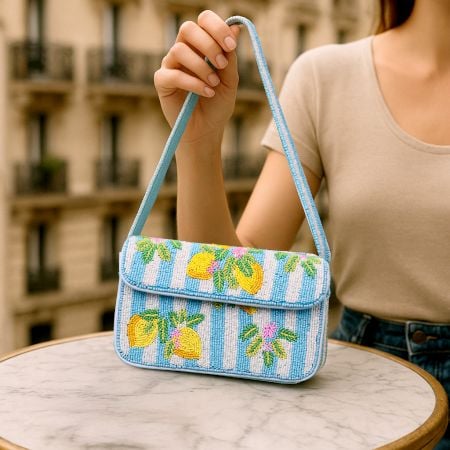 Luxury Handmade Beaded Shoulder Bag Lemon Fruit Pattern on Blue Stripes