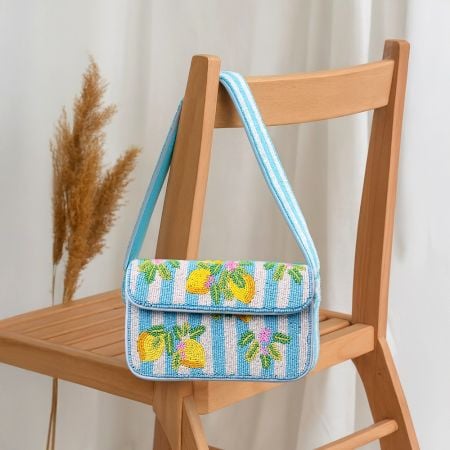 Luxury Handmade Beaded Shoulder Bag Lemon Fruit Pattern on Blue Stripes