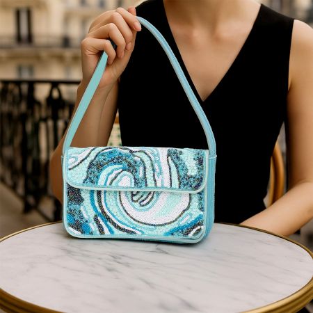 Luxury Handmade Beaded Shoulder Bag Blue Abstract Pattern with Sequins