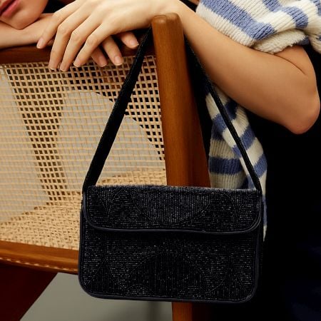 Luxury Handmade Beaded Shoulder Bag Black Geometric Pattern