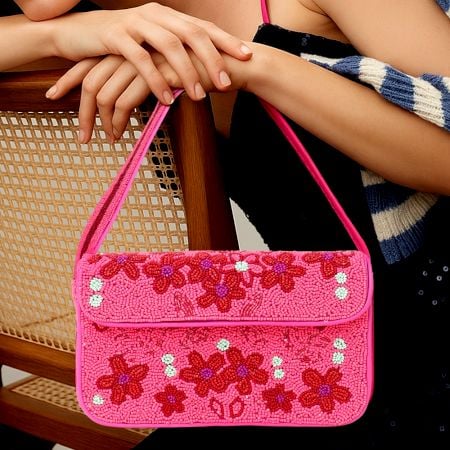 Luxury Handmade Beaded Shoulder Bag Hot Pink with Red Floral Design