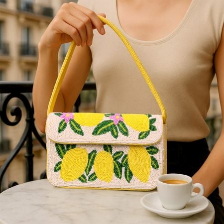 Handmade Beaded Shoulder Bag Lemon Fruit Design Summer Tote Purse for Women