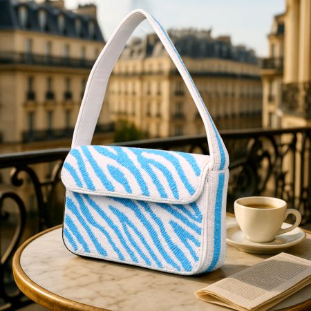 Luxury Handmade Beaded Shoulder Bag Blue & White Zebra Pattern Designer Purse for Women