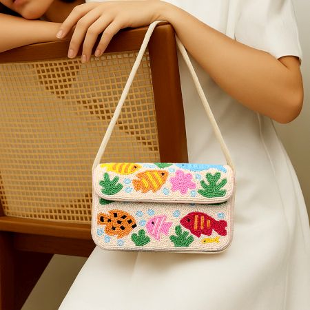 Handmade Beaded Shoulder Bag with Colorful Fish & Coral Reef Design Summer Beach Style