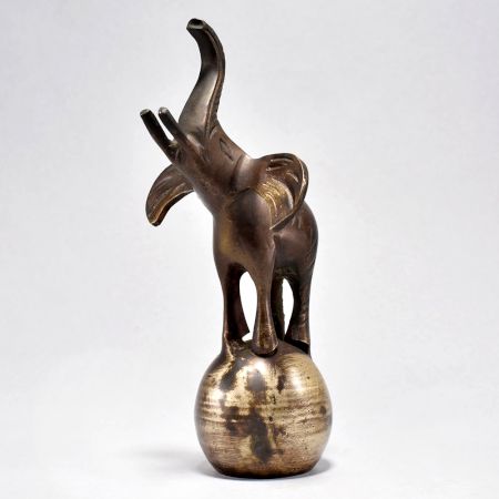 Brass Elephant on Ball Sculpture with Raised Trunk