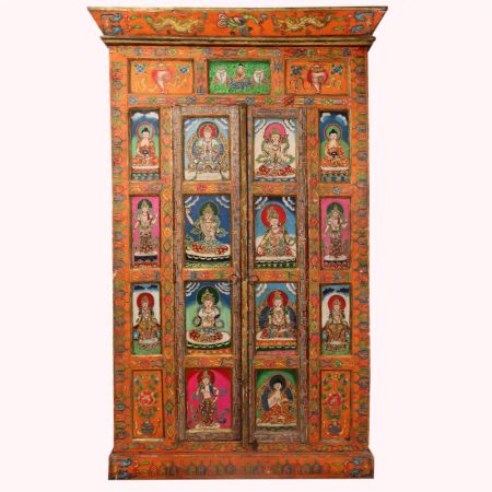 Hand Painted Wooden Almirah with Buddha Motifs and Antique Finish