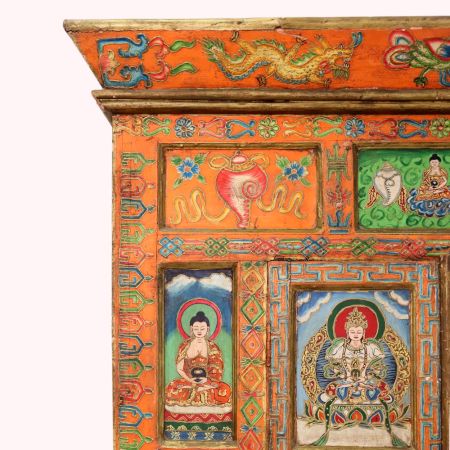 Hand Painted Wooden Almirah with Buddha Motifs and Antique Finish