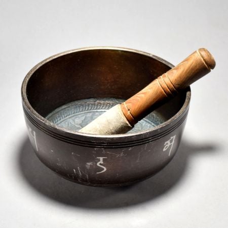 Buddha Carved Tibetan Singing Bowl with Wooden Striker