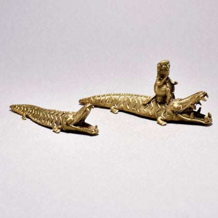 Tribal Art Crocodile Pair with Monkey Figurine