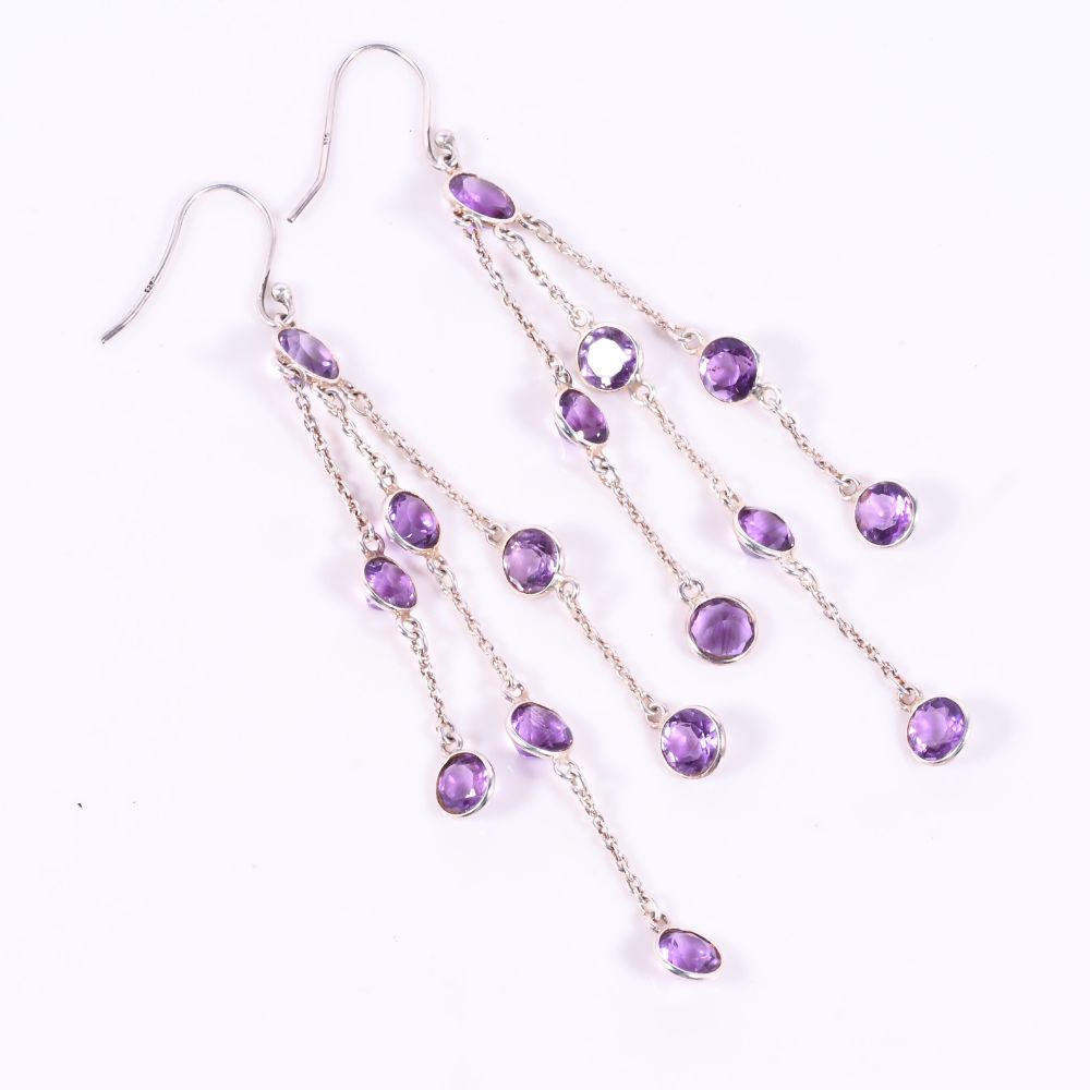 Handmade 925 Sterling Silver Chain Dangle Earrings with Amethyst for Women