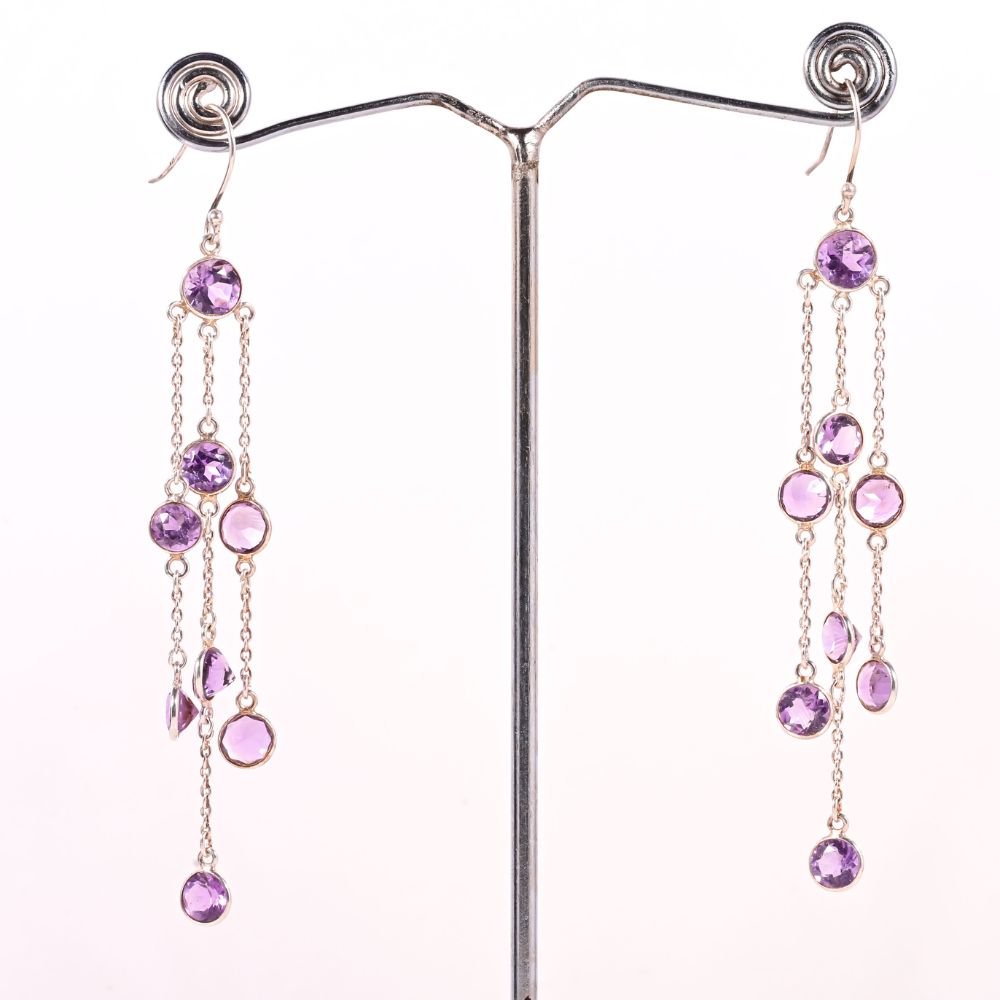 Handmade 925 Sterling Silver Chain Dangle Earrings with Amethyst for Women