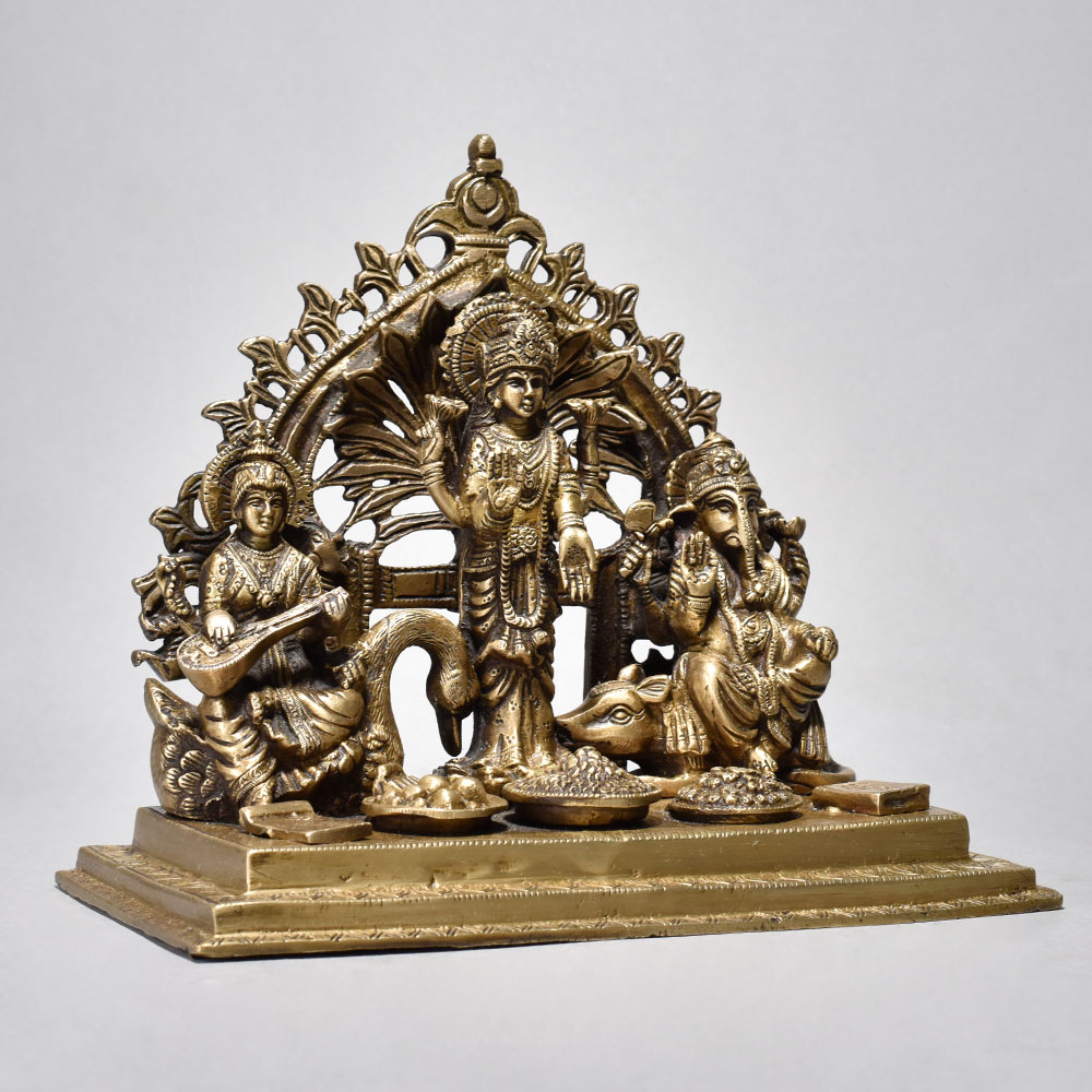 Fine Art Lord Ganesha Lakshmi and Saraswati Brass Figurine