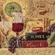 Vintage Cloth Painting on Hardboard of Wine Bottles and Grapes