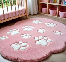 Handtufted Pink Pawprint Play Wool Rug