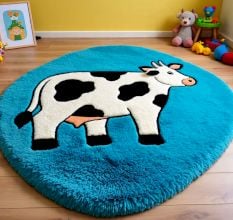 Handtufted Blue Cow Cartoon Wool Rug