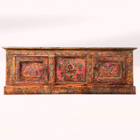 Handmade Wooden Chest with Tibetan Inspired Floral Design