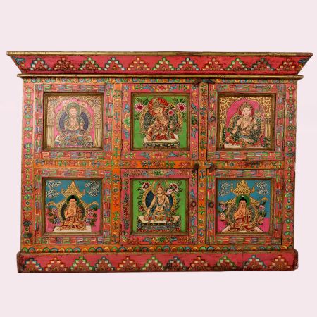 Traditional Handmade Wooden Storage Box with Multicolor Buddha Paintings