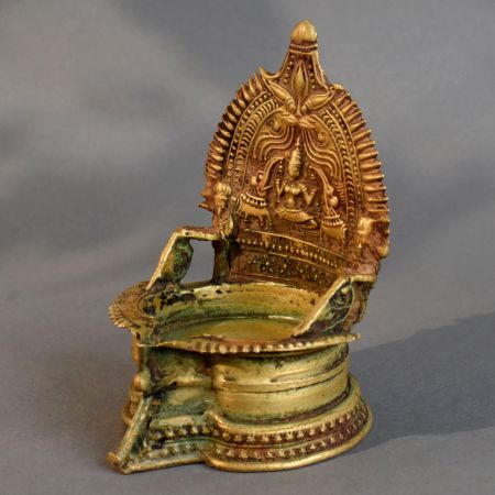 Traditional Brass South Indian Vintage Handmade Pooja Diya with Goddess Carving