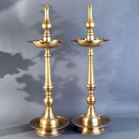 Vintage Brass Oil Lamp Pair with Lingam South Kerala Art