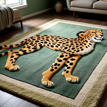 Handtufted Wildcat Figure Green Wool Rug
