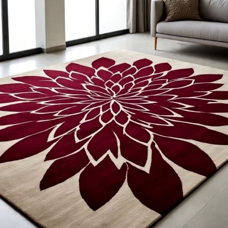 Handtufted Crimson Petal Burst Wool Rug