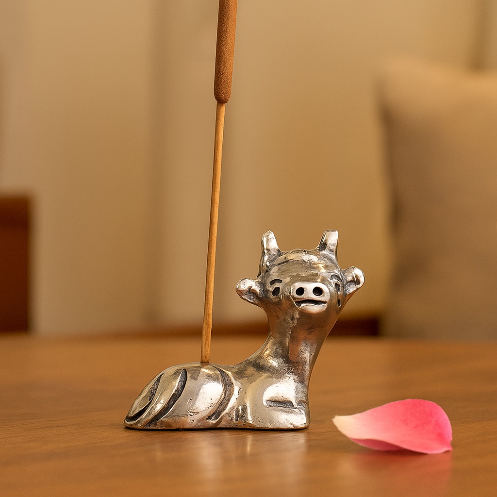 Silver Brass Mini Cow Incense Stick Holder