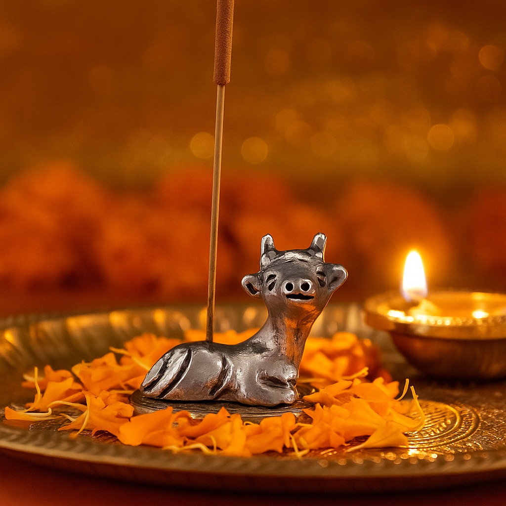 Silver Brass Mini Cow Incense Stick Holder