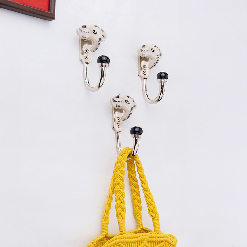 Handmade Ceramic Zinc Cream Black Elephant Wall Hooks- 3 Pieces