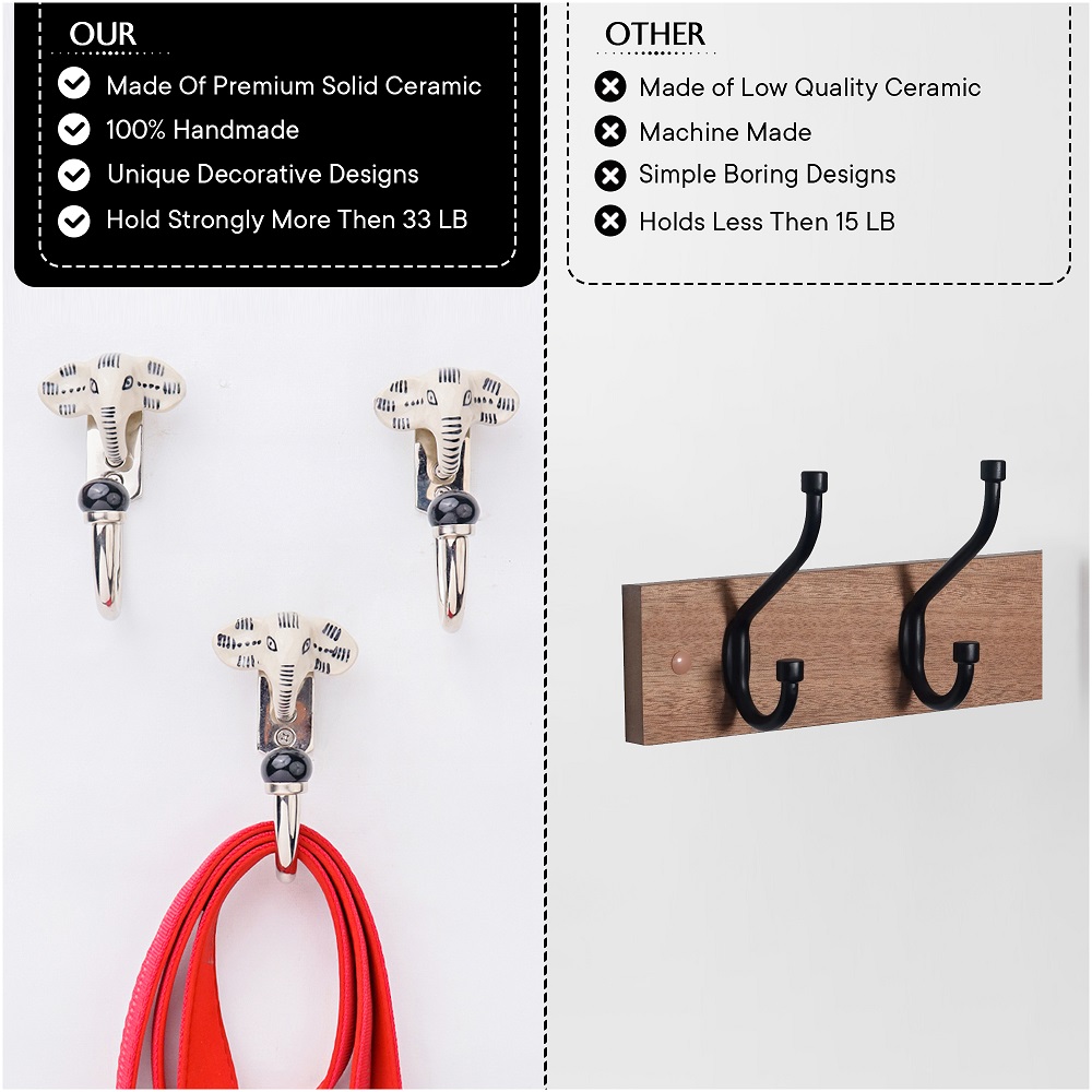 Handmade Ceramic Zinc Cream Black Elephant Wall Hooks- 3 Pieces