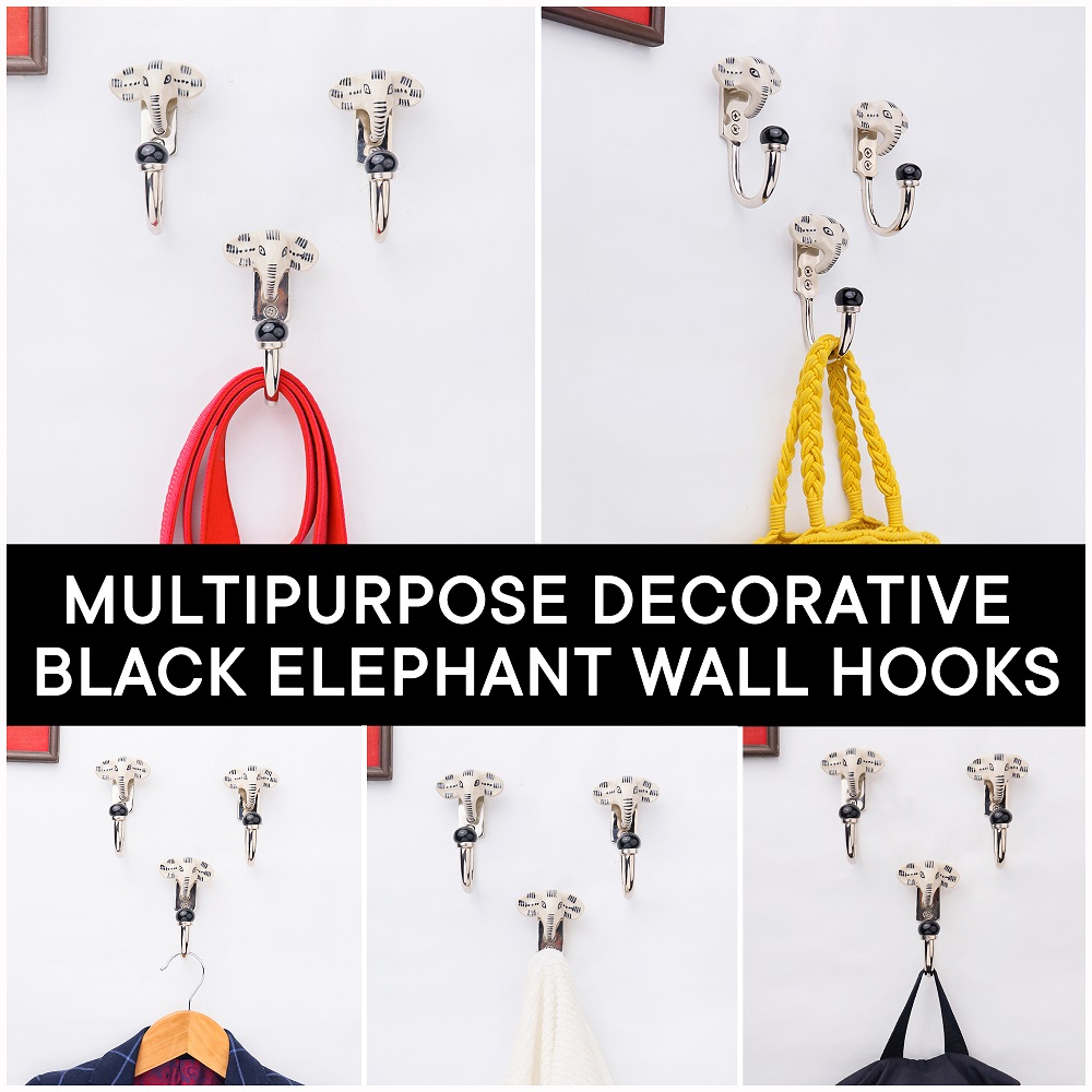 Handmade Ceramic Zinc Cream Black Elephant Wall Hooks- 3 Pieces