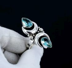 Blue Topaz Crescent Moon 925 Sterling Silver Ring Handmade Boho Jewelry