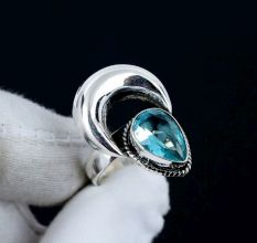 Blue Topaz Moon 925 Sterling Silver Ring Handmade Boho Jewelry
