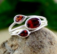 Handmade Three Red Garnet Ring 925 Sterling Silver Boho Jewelry