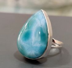 Dominican Larimar 925 Sterling Silver Ring Handmade Boho Jewelry